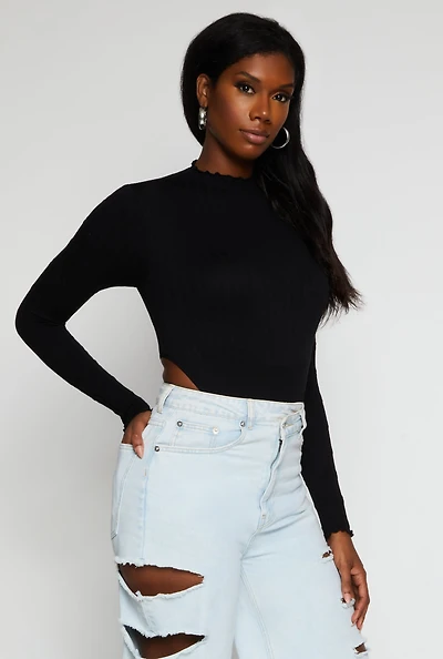 Womens Seamless Cable Knit High Cut Bodysuit, Black, Size S
