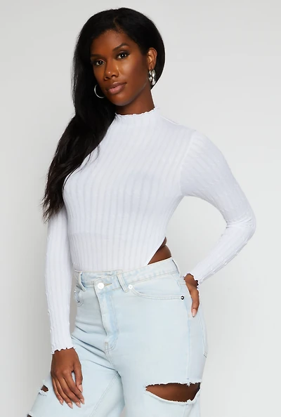 Womens Seamless Cable Knit High Cut Bodysuit, White, Size S