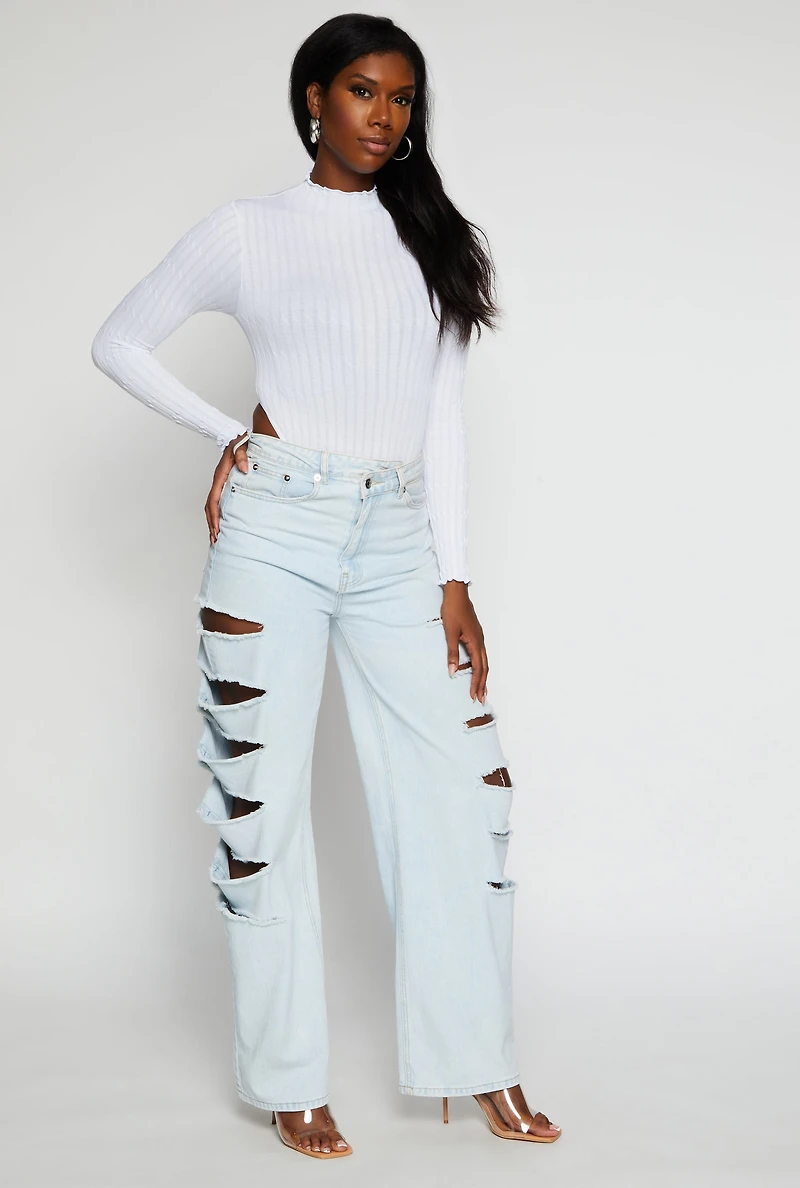 Womens Seamless Cable Knit High Cut Bodysuit, White, Size S