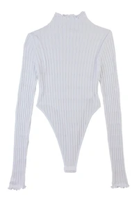 Womens Seamless Cable Knit High Cut Bodysuit, White, Size S