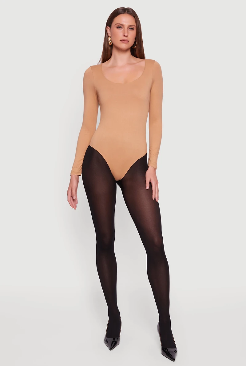 Womens Doubled Brushed Knit Long Sleeve Scoop Neck Bodysuit, Beige, Size L