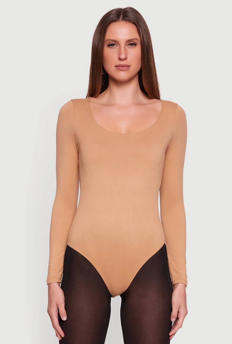 Womens Doubled Brushed Knit Long Sleeve Scoop Neck Bodysuit, Beige, Size L