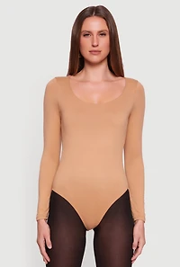 Womens Doubled Brushed Knit Long Sleeve Scoop Neck Bodysuit, Beige, Size L
