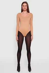 Womens Doubled Brushed Knit Long Sleeve Scoop Neck Bodysuit, Beige, Size L