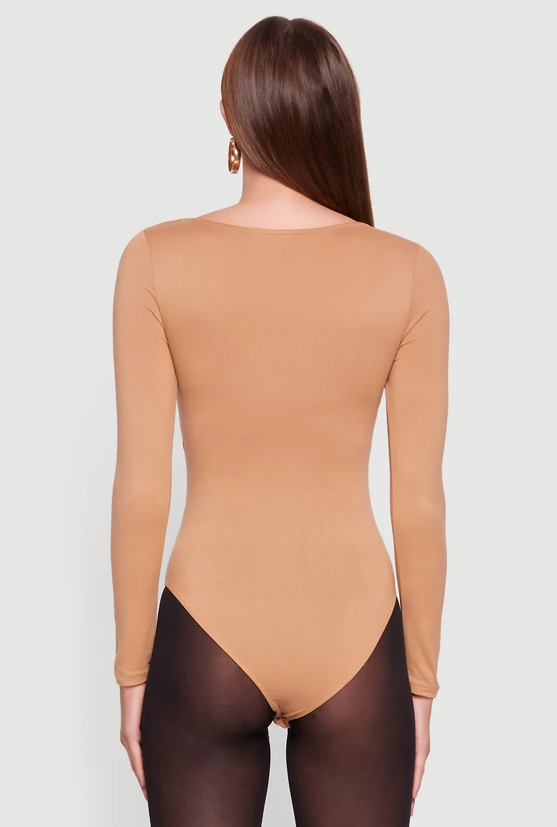 Womens Doubled Brushed Knit Long Sleeve Scoop Neck Bodysuit, Beige, Size L