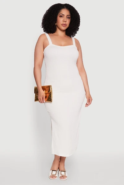 Womens Plus Textured Knit Side Slit Midi Dress, White,