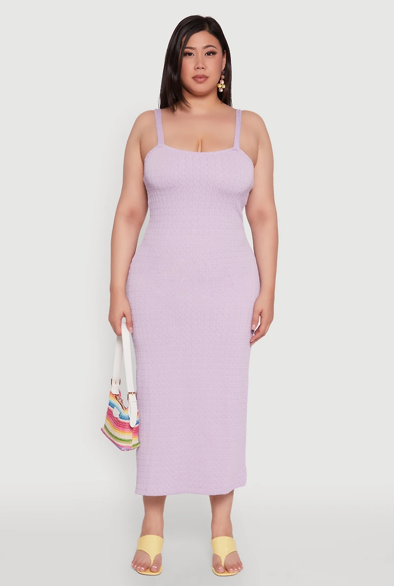 Womens Plus Size Textured Knit Side Slit Midi Dress, Purple, Size 1X
