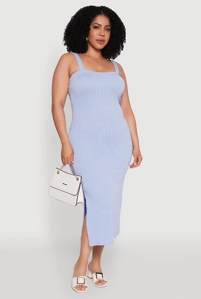 Womens Plus Textured Knit Side Slit Midi Dress,