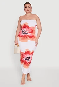Womens Plus Size Floral Print Tube Dress, White, Size 1X