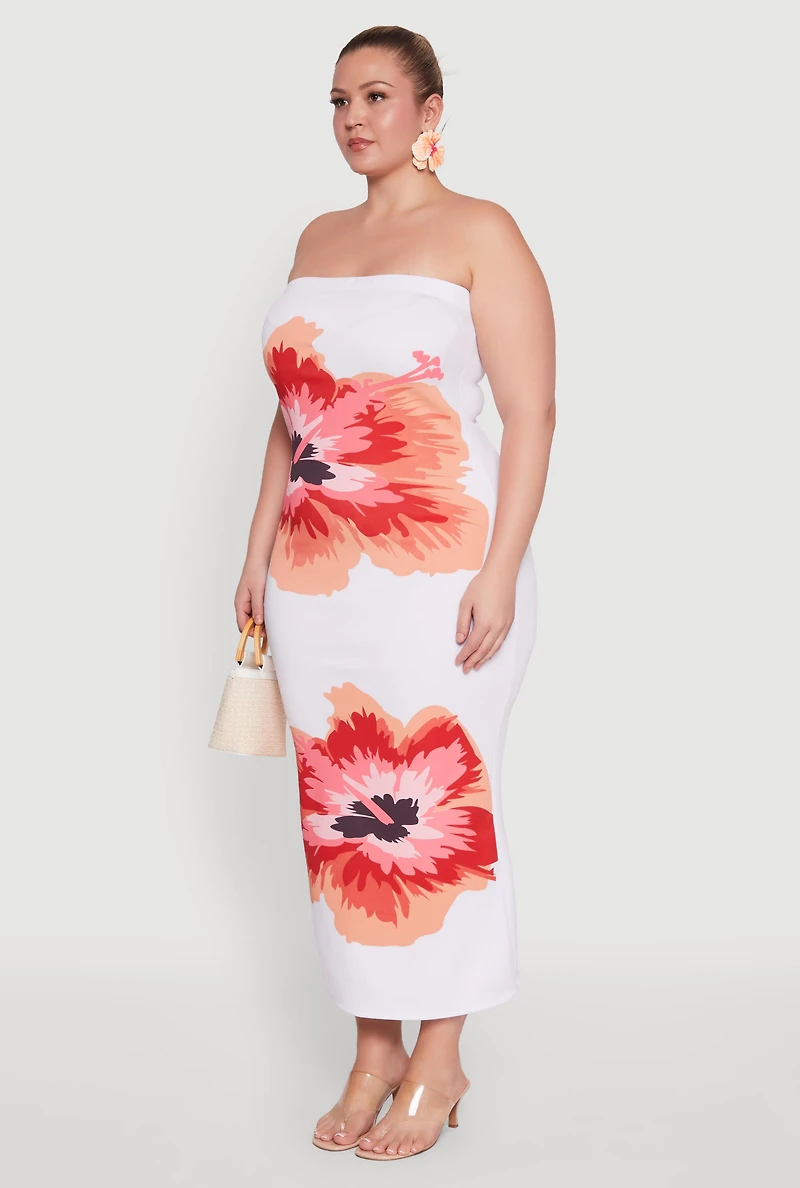 Womens Plus Size Floral Print Tube Dress, White, Size 2X