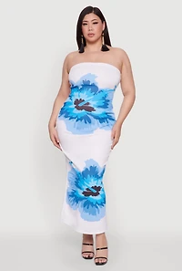 Womens Plus Floral Print Tube Dress, White,