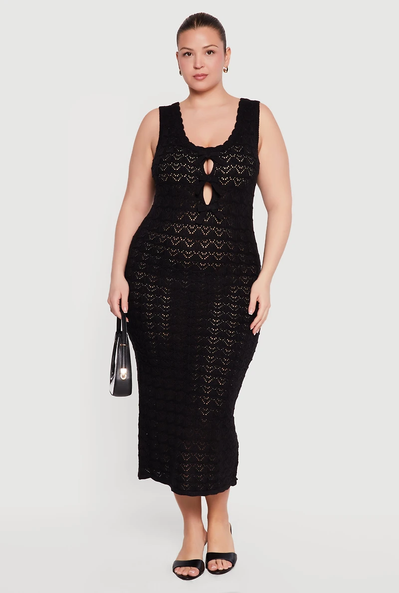 Plus Pointelle Knit Keyhole Bow Detail Midi Dress