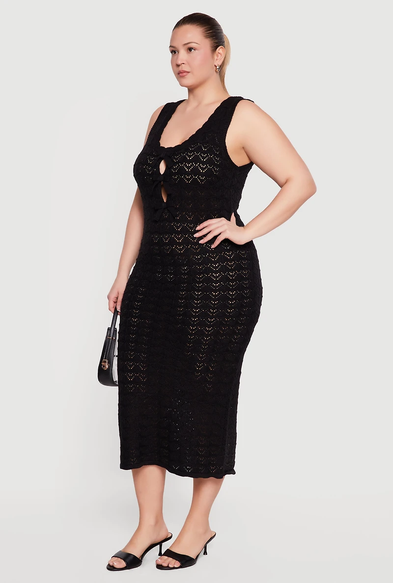 Plus Pointelle Knit Keyhole Bow Detail Midi Dress