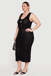 Plus Pointelle Knit Keyhole Bow Detail Midi Dress