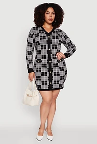 Womens Plus Size V-Neck Checkered Plaid Sweater Dress, Grey, Size 3X