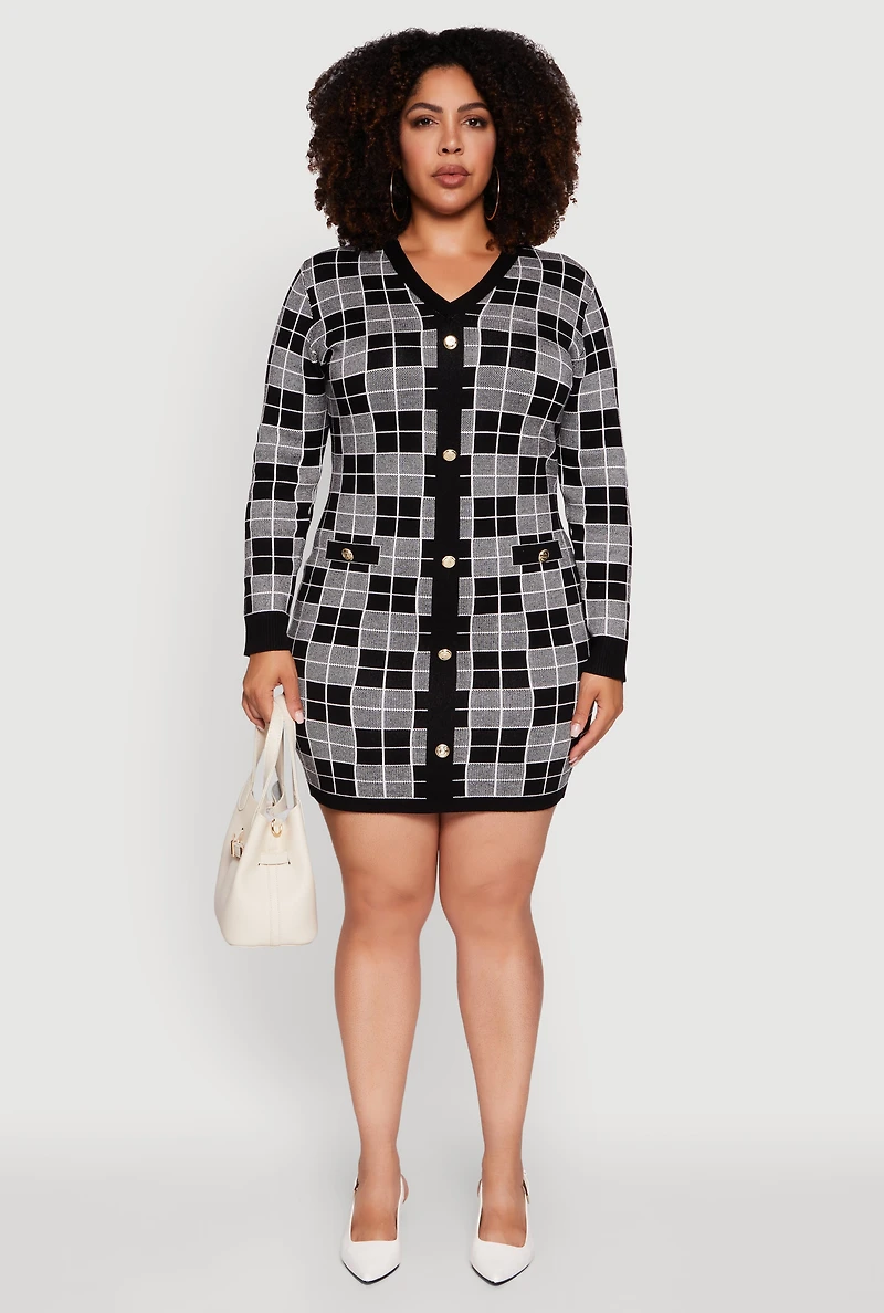Womens Plus Size V-Neck Checkered Plaid Sweater Dress, Grey, Size 3X