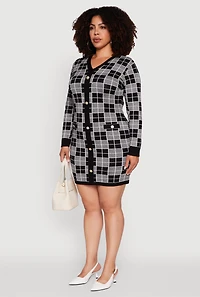 Womens Plus Size V-Neck Checkered Plaid Sweater Dress, Grey, Size 2X