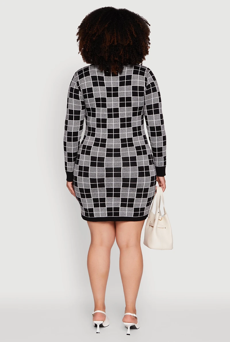 Womens Plus Size V-Neck Checkered Plaid Sweater Dress, Grey, Size 3X