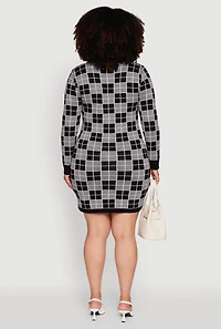 Womens Plus Size V-Neck Checkered Plaid Sweater Dress, Grey, Size 3X