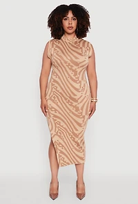 Womens Plus Size Psychedelic Swirl Sleeveless Sweater Dress, Brown, Size 2X