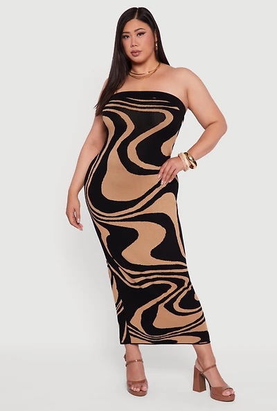 Womens Plus Size Swirl Print Zip Back Tube Maxi Dress, Multi, Size 2X