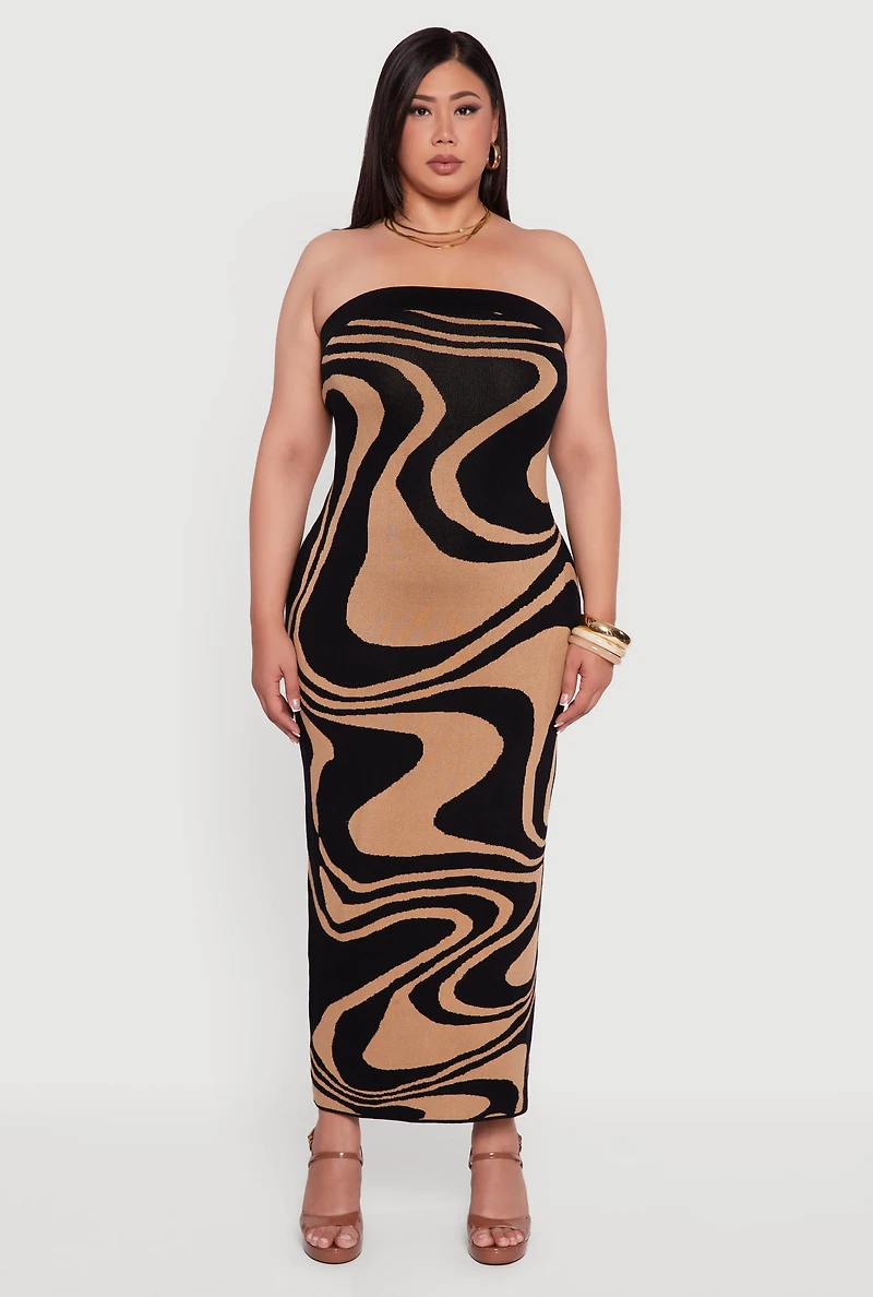 Womens Plus Size Swirl Print Zip Back Tube Maxi Dress, Multi, Size 2X