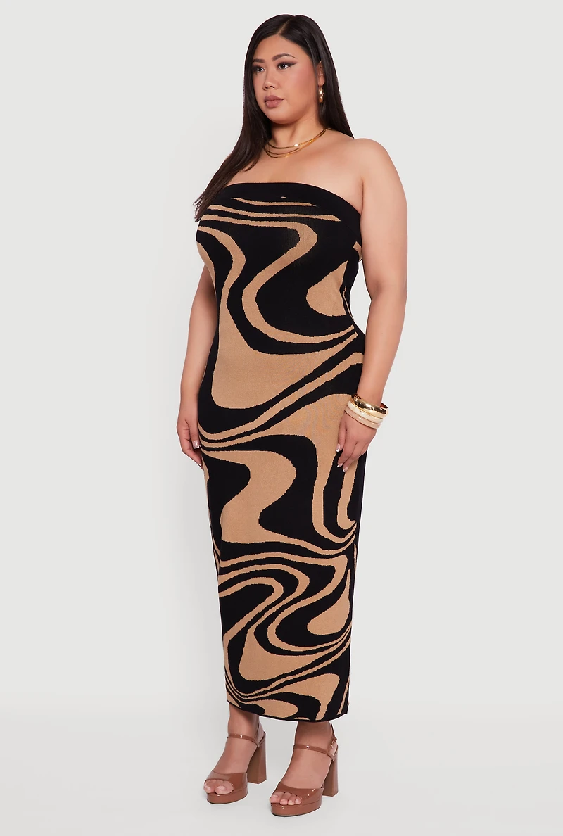 Womens Plus Size Swirl Print Zip Back Tube Maxi Dress, Multi, Size 2X