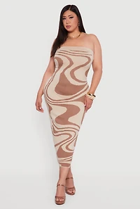 Womens Plus Size Swirl Print Zip Back Tube Maxi Dress, Brown, Size 3X