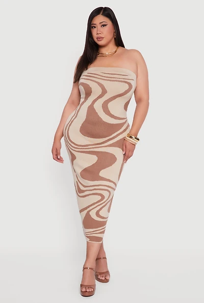 Womens Plus Size Swirl Print Zip Back Tube Maxi Dress, Brown, Size 3X