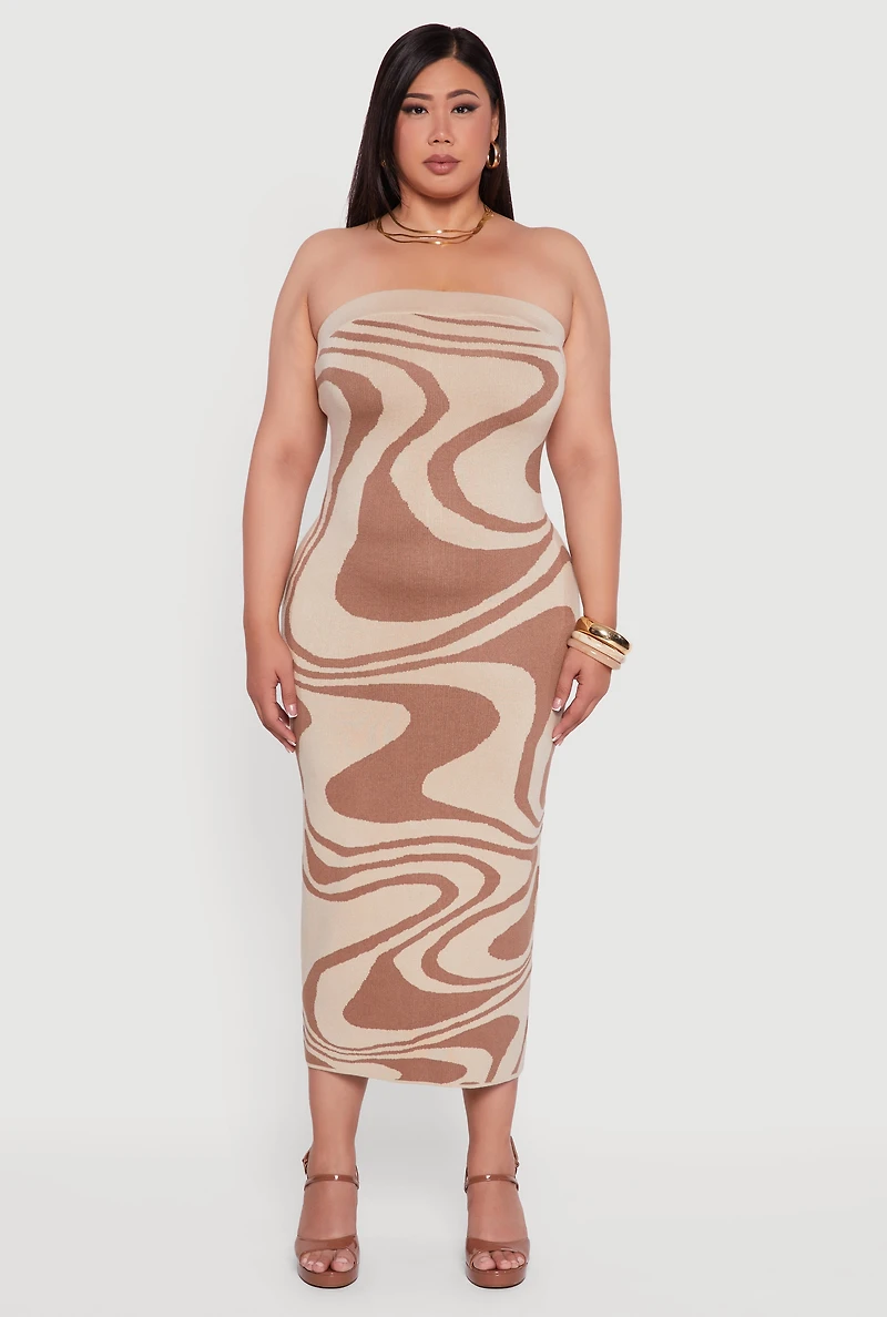 Womens Plus Size Swirl Print Zip Back Tube Maxi Dress, Brown, Size 3X