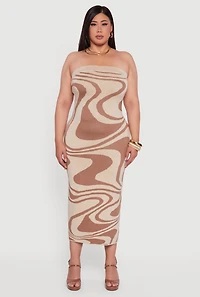Womens Plus Size Swirl Print Zip Back Tube Maxi Dress, Brown, Size 3X