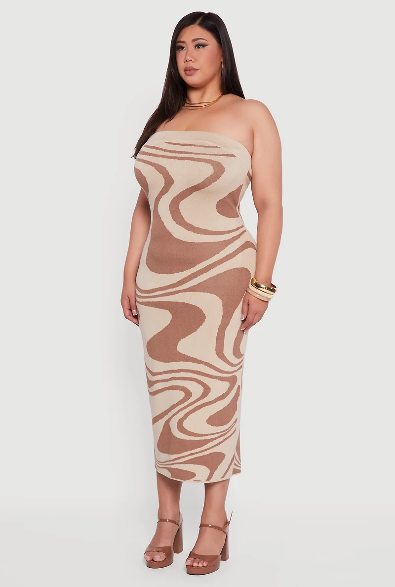 Womens Plus Size Swirl Print Zip Back Tube Maxi Dress, Brown, Size 3X