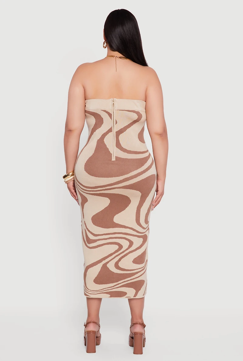 Womens Plus Size Swirl Print Zip Back Tube Maxi Dress, Brown, Size 3X