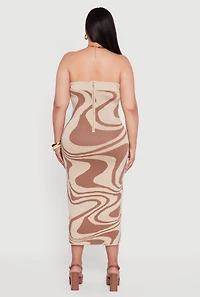 Womens Plus Size Swirl Print Zip Back Tube Maxi Dress, Brown, Size 3X