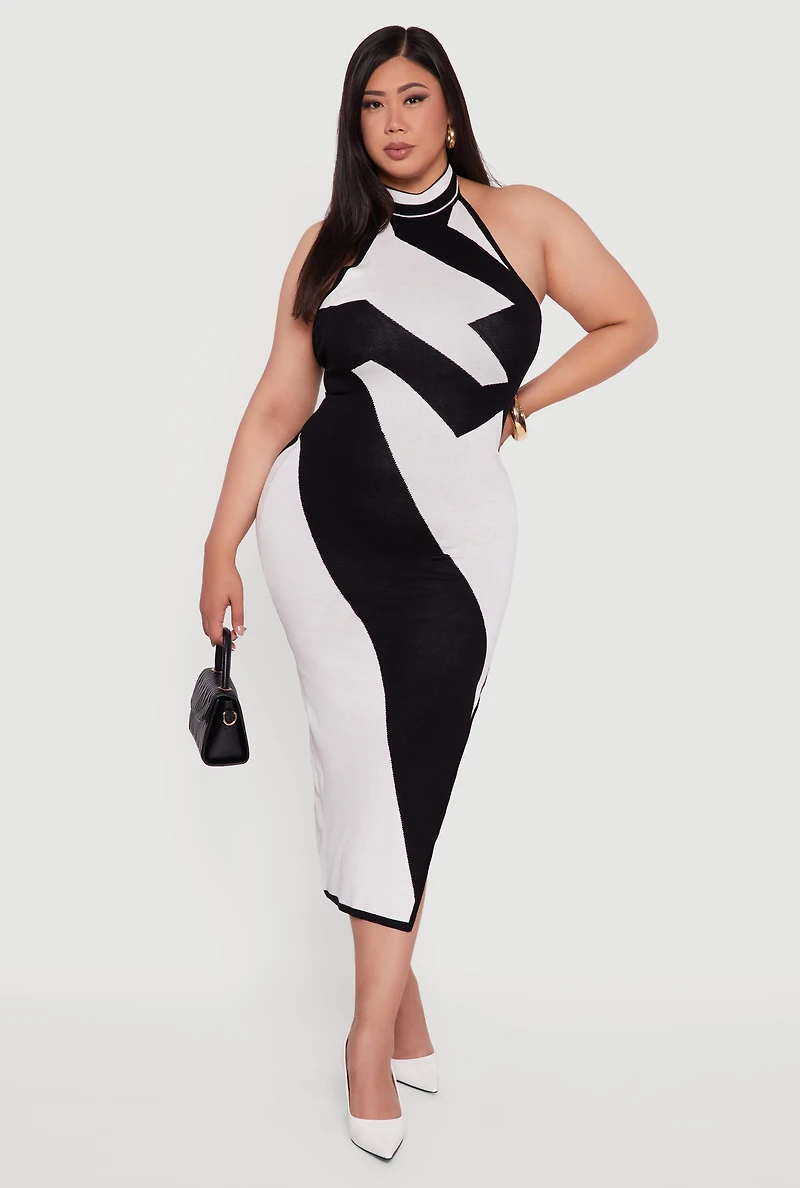 Plus Abstract Print Mock Neck Halter Maxi Dress
