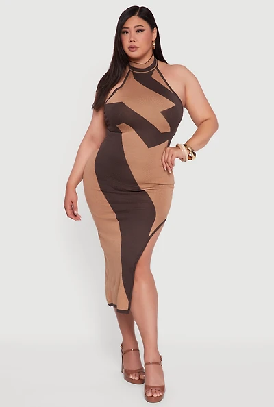 Womens Plus Size Abstract Print Mock Neck Halter Maxi Dress, Brown, Size 3X
