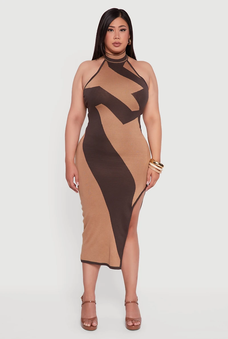 Womens Plus Size Abstract Print Mock Neck Halter Maxi Dress, Brown, Size 3X