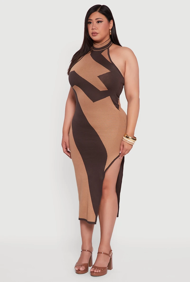 Womens Plus Size Abstract Print Mock Neck Halter Maxi Dress, Brown, Size 3X