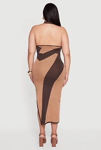Womens Plus Size Abstract Print Mock Neck Halter Maxi Dress, Brown, Size 3X