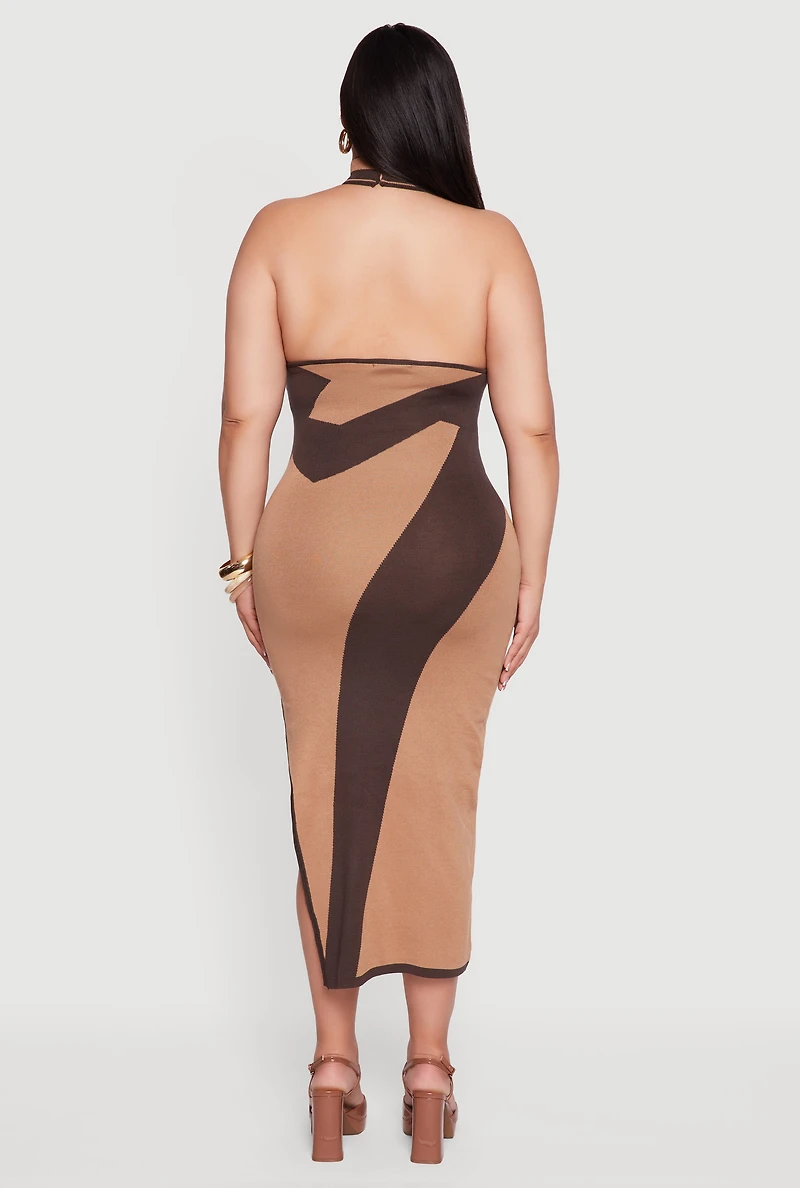 Plus Abstract Print Mock Neck Halter Maxi Dress