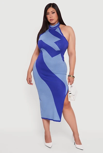 Womens Plus Abstract Print Mock Neck Halter Maxi Dress,