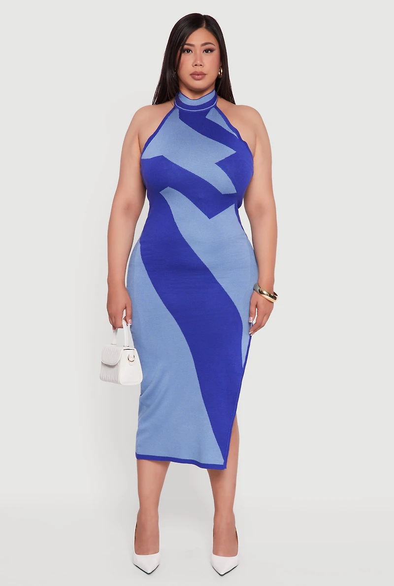 Womens Plus Abstract Print Mock Neck Halter Maxi Dress,