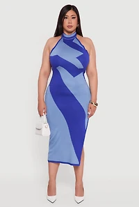 Womens Plus Abstract Print Mock Neck Halter Maxi Dress,