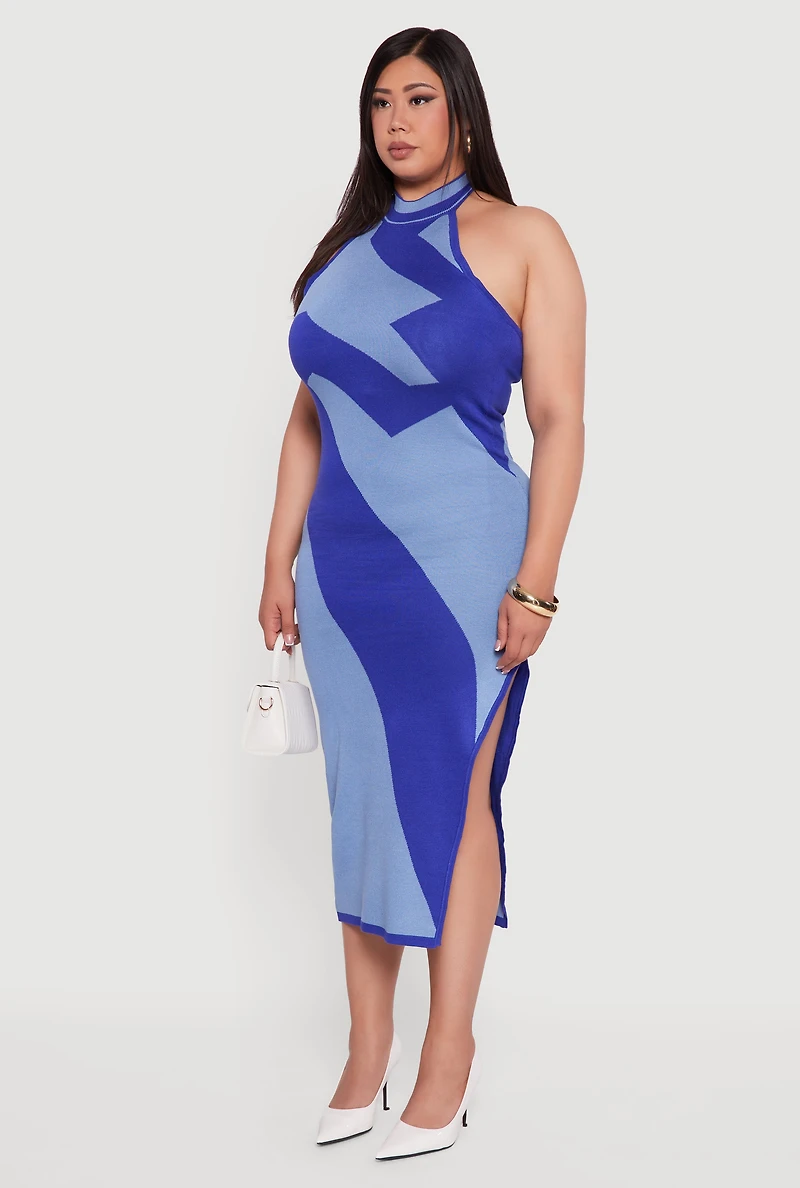 Womens Plus Abstract Print Mock Neck Halter Maxi Dress,