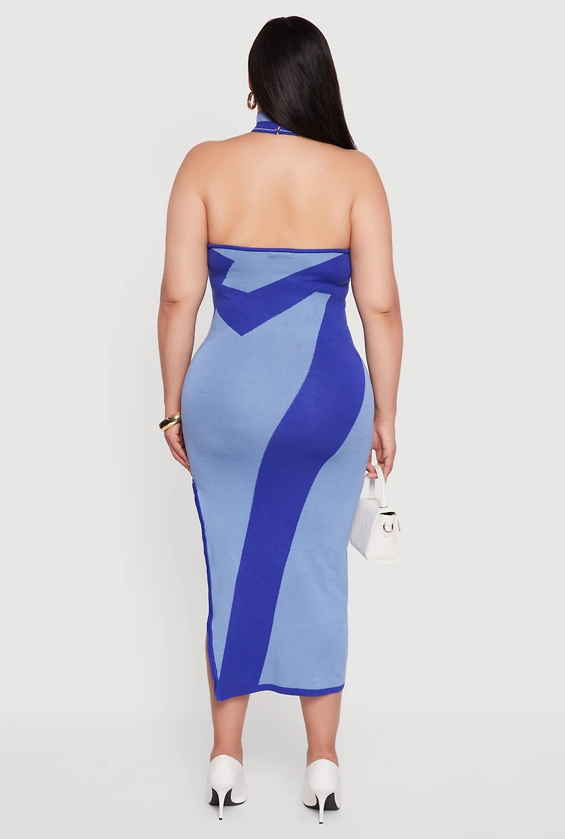 Womens Plus Abstract Print Mock Neck Halter Maxi Dress,