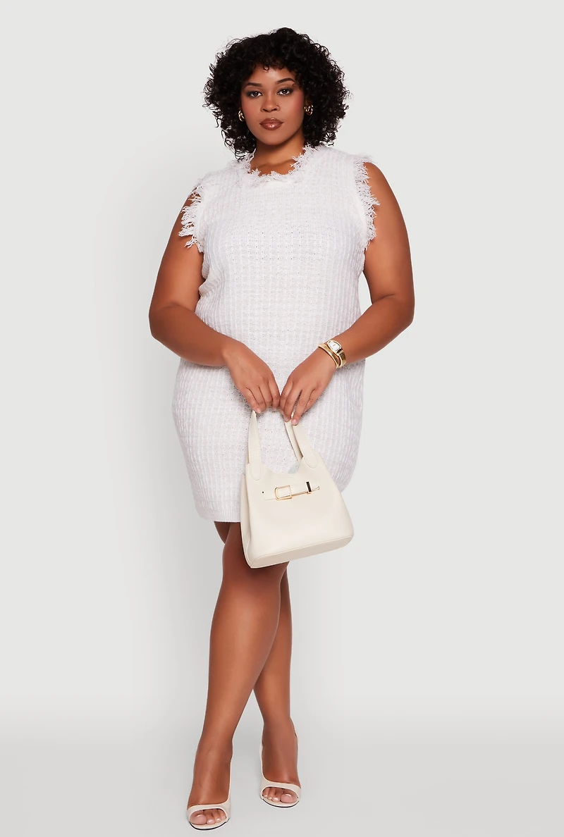 Womens Plus Size Sleeveless Notch Neck Sweater Dress, White, Size 3X