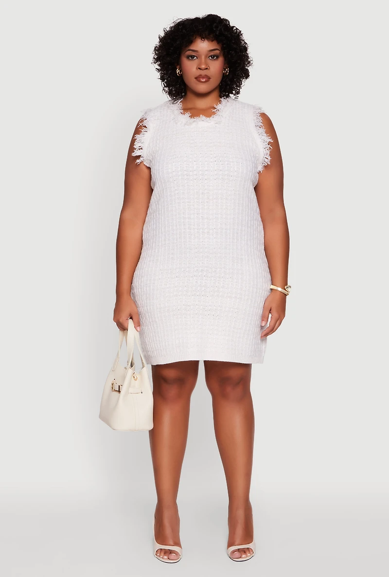 Womens Plus Size Sleeveless Notch Neck Lurex Tweed Midi Dress, White, Size 1X