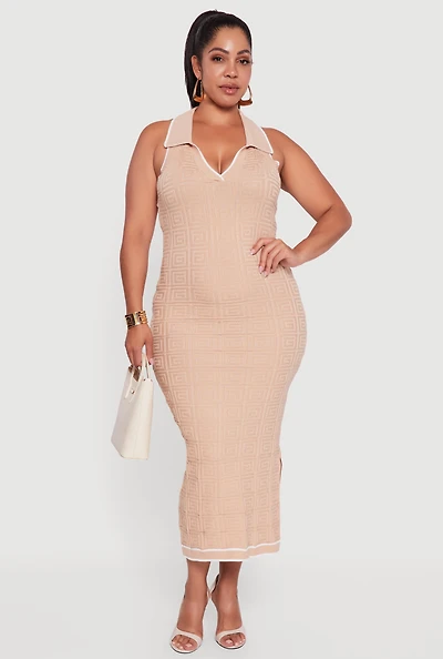 Womens Plus Size Contrast Trim Greek Key Patterned Midi Dress, Beige, Size 1X