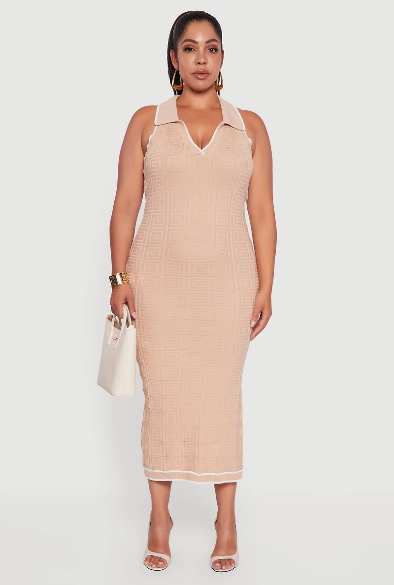 Womens Plus Size Contrast Trim Greek Key Patterned Midi Dress, Beige, Size 3X