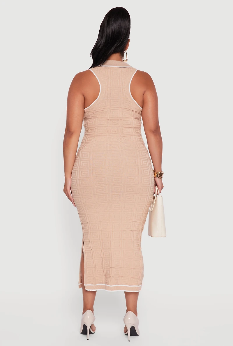 Womens Plus Size Contrast Trim Greek Key Patterned Midi Dress, Beige, Size 3X